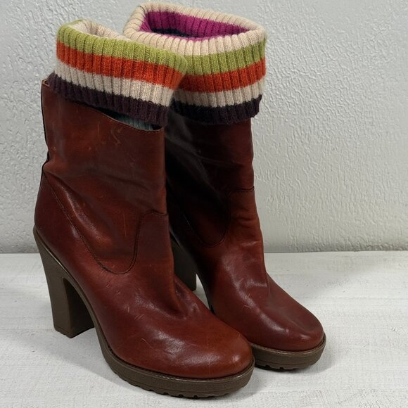 Coach Monika Leather Block Heel Boot Brown Striped Knit Cuff Size 8.5 - Picture 1 of 11